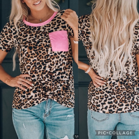 NEON Pink Leopard T-shirt with Pocket - Picture 1 of 2